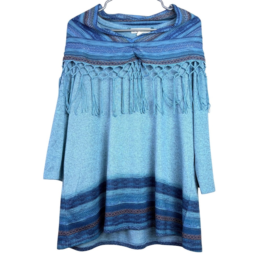 Cactus + Pearl L Blue Tunic Scarf Overlay Fringe Boho Southwest Top Western